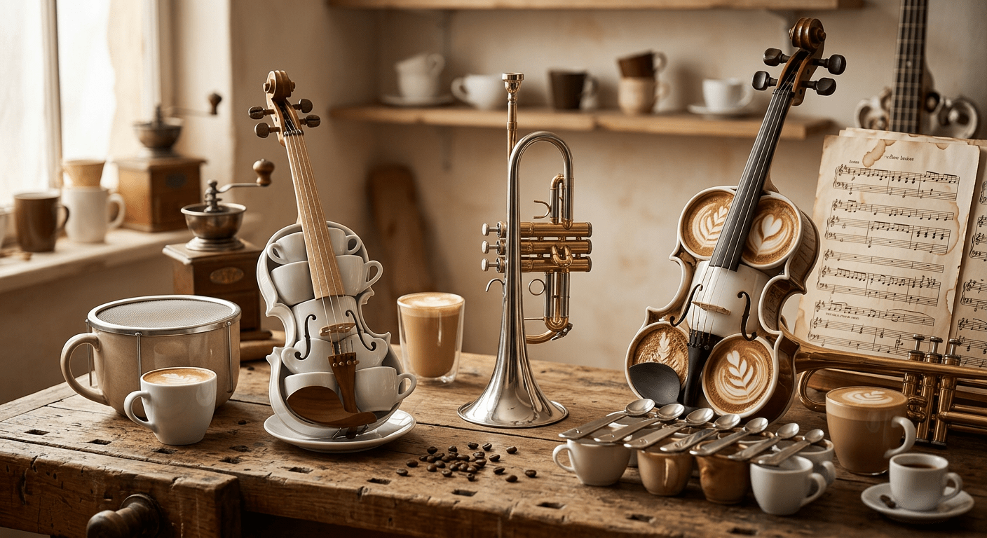 Musical instruments creatively combined with coffee cups and latte art on a wooden table
