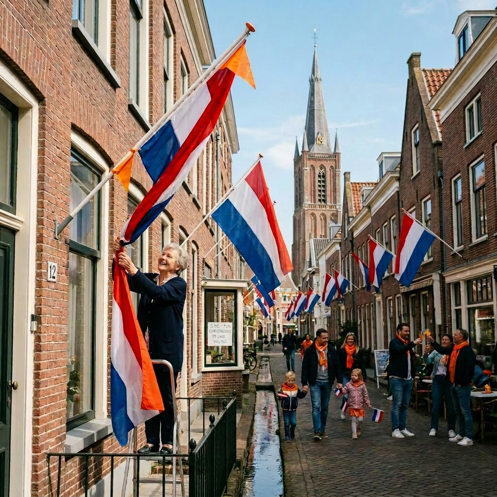 People hanging Dutch flags along a narrow street with brick houses