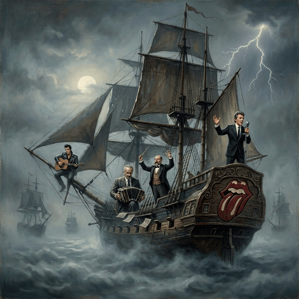 Musicians perform on a pirate ship with the Rolling Stones logo